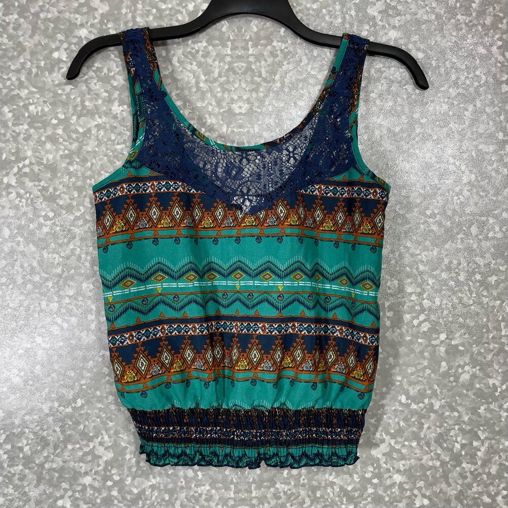 Delia's Women's Y2K Blue Tribal Print Lace Back Tank Top - Size Medium - Boho